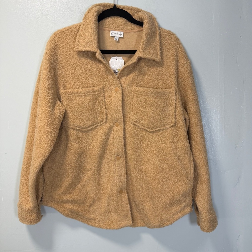 Wonderly Women Tan Sherpa Fleece Shacket Button Front Jacket Medium New